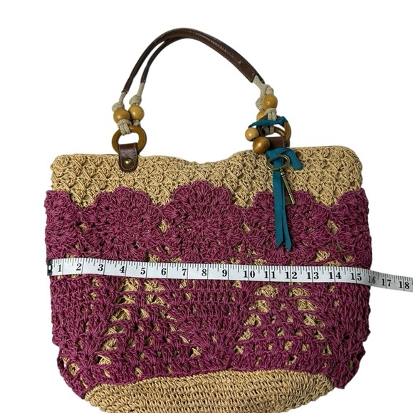 Fossil Long Live Vintage Raffia Straw Tote Bag Purse Leather Boho Beach Vacation - Picture 11 of 13